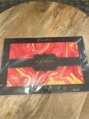 12 Hester &Cook HandMade/Dyed Paper Placemats Red/Gold Marble Design 100% Cotton
